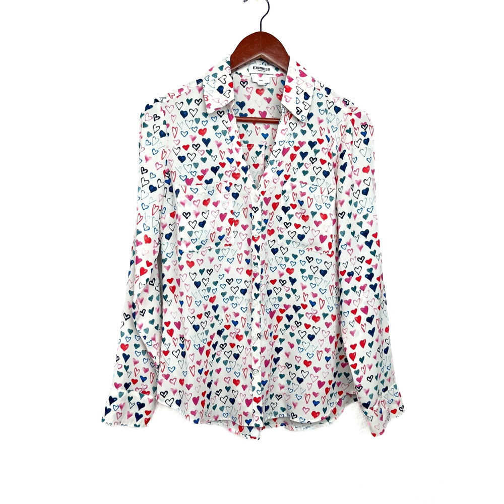 Express Portofino Slim Shirt Size Small Rayon Hearts Red Blue Love Valentine's
